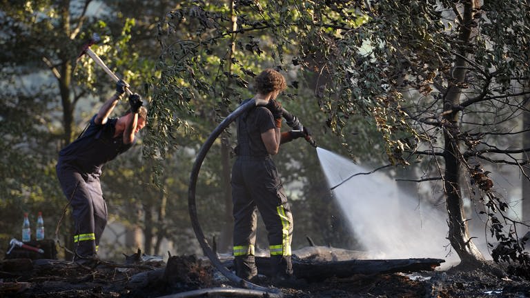 insatzkräfte der freiwilligen Feuerwehr löschen einen Waldbrand bei Elmstein im Kreis Bad Dürkheim. (Foto: dpa Bildfunk, Picture Alliance)