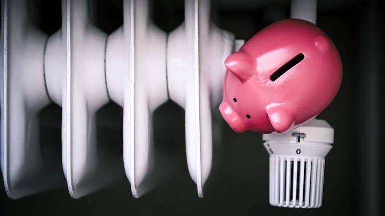 Ein rosa Sparschwein steht auf einer Heizung. Die Bundesregierung hat in einer neuen Energiesparverordnung Sparmaßnahmen beschlossen. (Foto: IMAGO, IMAGO / Christian Ohde)