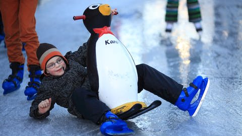 Kind mit einer Pinguinfigur beim Eislaufen. In Rheinland-Pflaz öffnen jetzt die Outdoor-Eisbahnen (Foto: dpa Bildfunk, Picture Alliance)