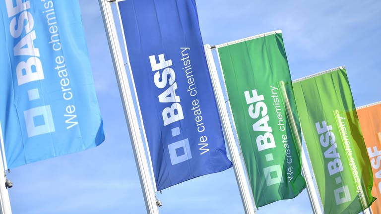 Bunte Fahnen mit der Aufschrift "BASF" wehen vor dem Konferenzgebäude des Chemiekonzerns BASF im Wind. 