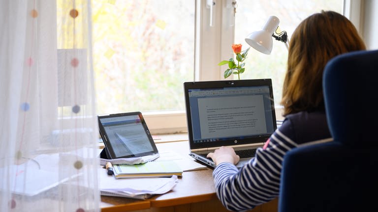 Eine Schülerin sitzt an ihrem Computer und macht Hausaufgaben (Foto: dpa Bildfunk, picture alliance/dpa | Sebastian Gollnow)