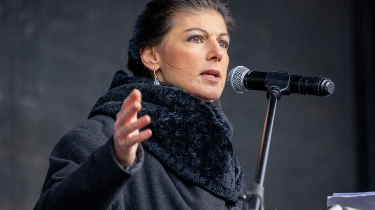 Sahra Wagenknecht hält auf einer Bühne eine Rede bei einer Protestkundgebung in Berlin (Foto: dpa Bildfunk, Picture Alliance)