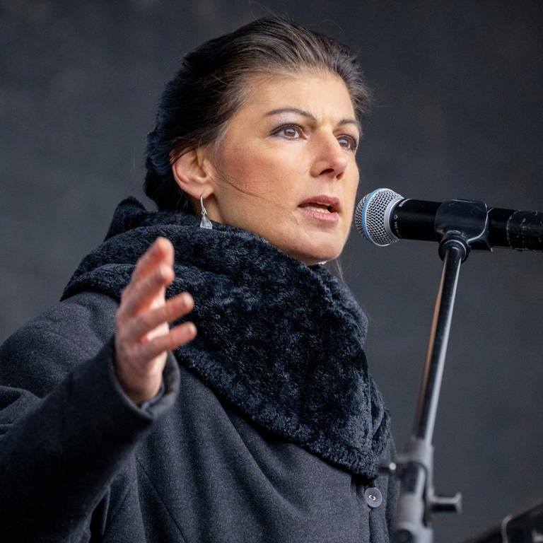 Sahra Wagenknecht hält auf einer Bühne eine Rede bei einer Protestkundgebung in Berlin (Foto: dpa Bildfunk, Picture Alliance)