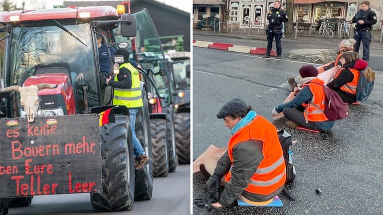 Landwirte mit Traktoren und Klimaaktivisten blockieren jeweils Straßen  (Foto: picture-alliance / Reportdienste, Picture Alliance)