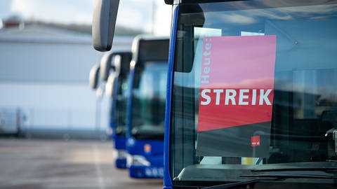 In einem Bus hängt ein Schild mit der Aufschrift "Heute: Streik".  (Foto: dpa Bildfunk, Picture Alliance)