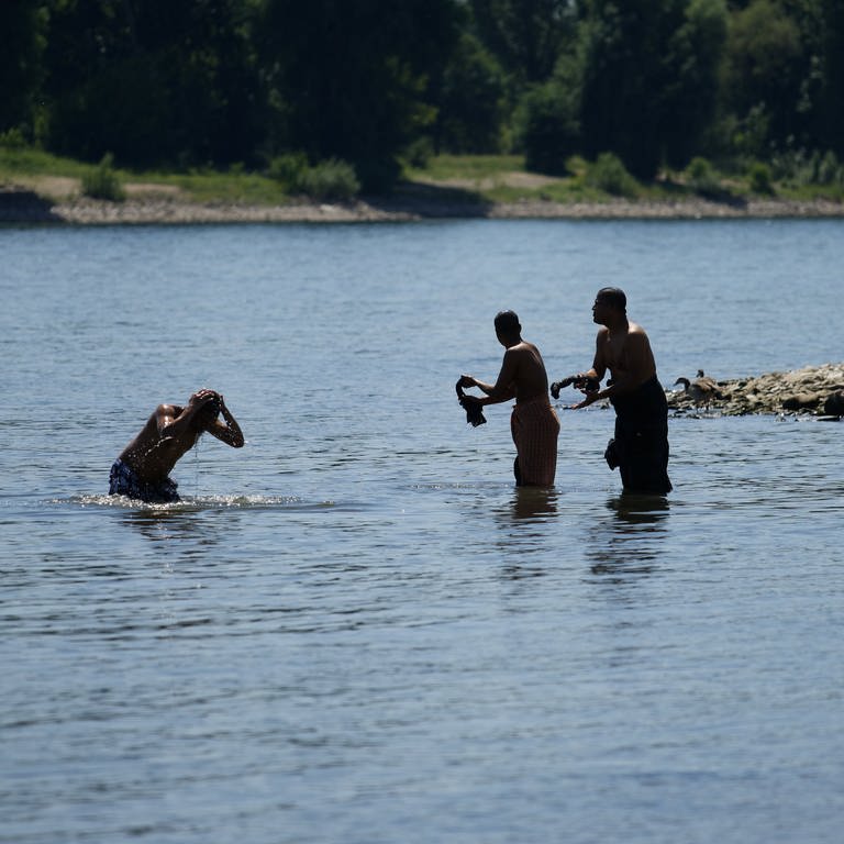 Badegäste genießen das heiße Frühsommerwetter im Wasser des Rheins (Foto: dpa Bildfunk, picture alliance/Henning Kaiser/dpa)