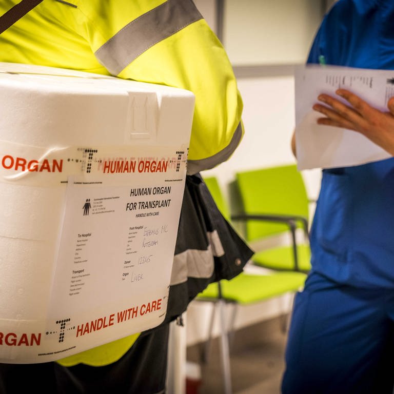 Klinikmitarbeiter nimmt gespendetes Organ entgegen.