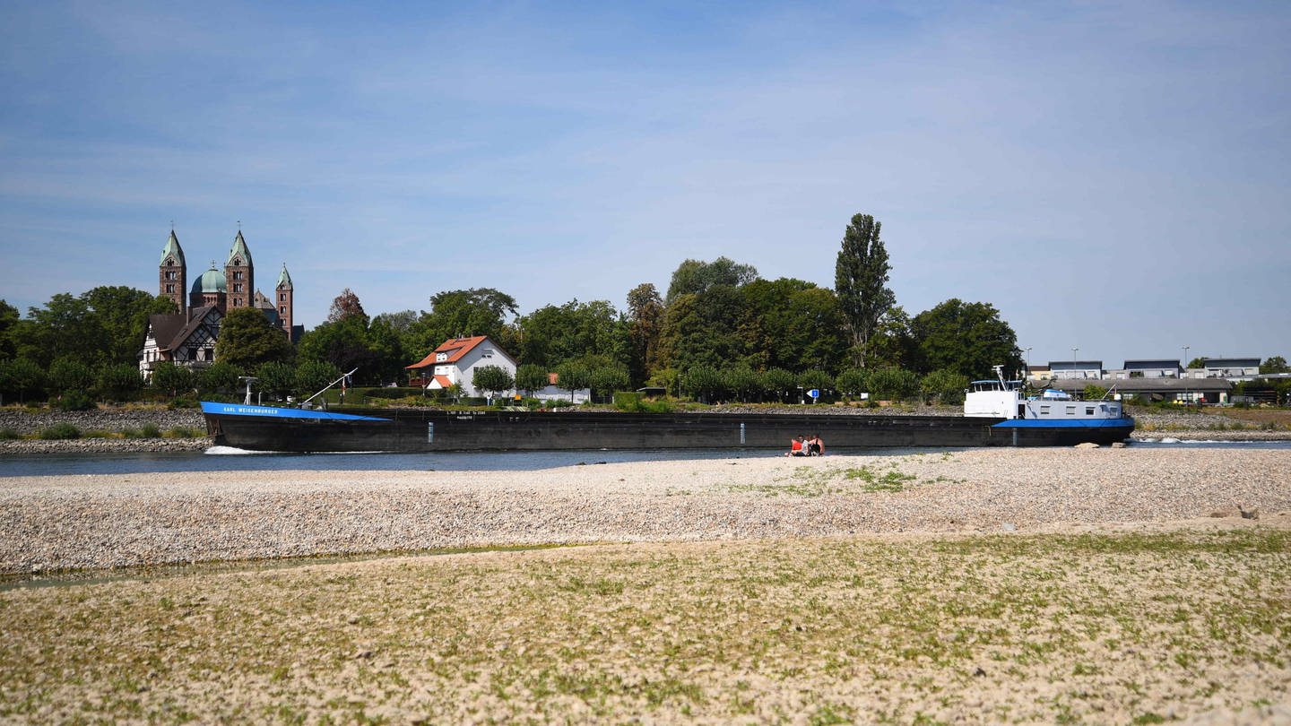 Ein Schiff fährt auf dem Rhein mit Niedrigwasser. Im Hintergrund ist der Dom zu Speyer in Rheinland-Pfalz zu sehen. (Foto: dpa Bildfunk, picture alliance/dpa | René Priebe/PR-Video)