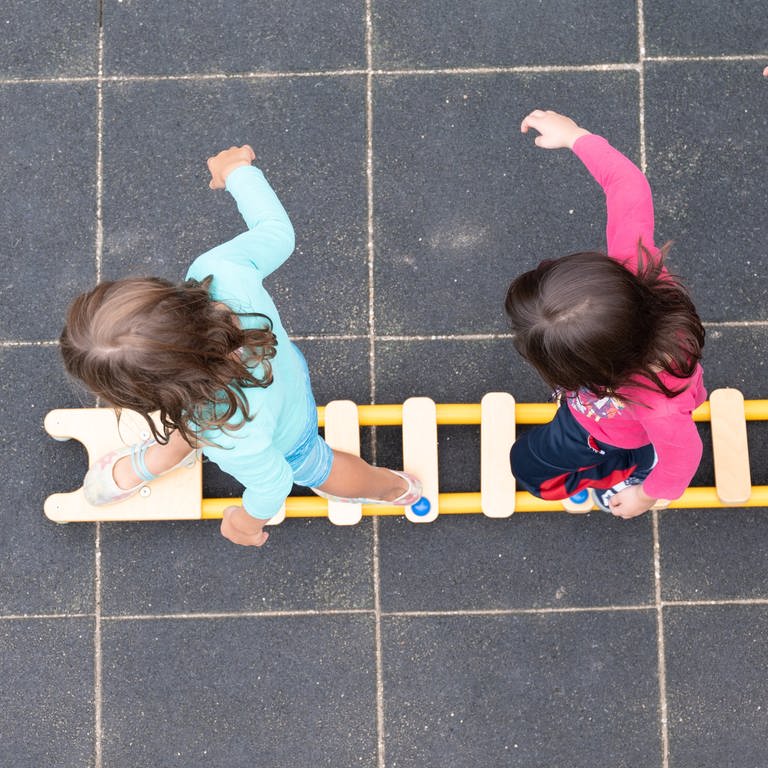 Kinder balancieren während eines Pressetermins auf dem Spielplatz einer Kindertagesstätte auf einem Brett. (Foto: picture-alliance / Reportdienste, picture alliance/dpa/dpa-Zentralbild | Sebastian Kahnert)