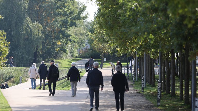 Senioren spazieren im Park.