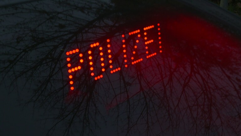 In roten Leuchtbuchstaben steht das Wort Polizei vor dunklem Hintergrund geschrieben (Foto: SWR)