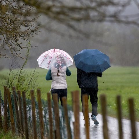 Spaziergänger mit Regenschirmen sind bei Regen unterwegs. (Foto: dpa Bildfunk, picture alliance/dpa | Thomas Warnack)