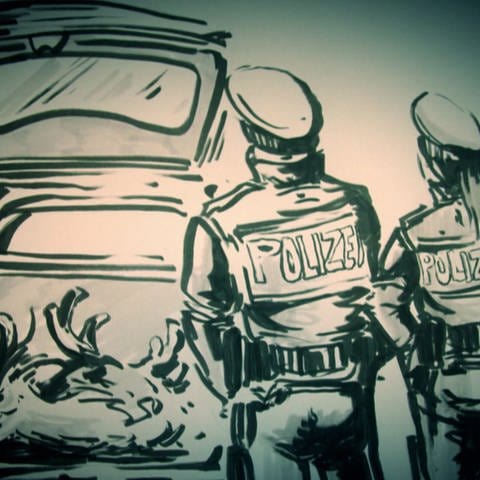 Eine Zeichnung zweier Polizisten die vor einem Kofferraum stehen