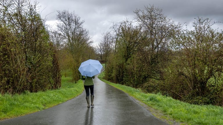 Frau läuft mit Schirm durch Regen. (Foto: dpa Bildfunk, Picture Alliance)
