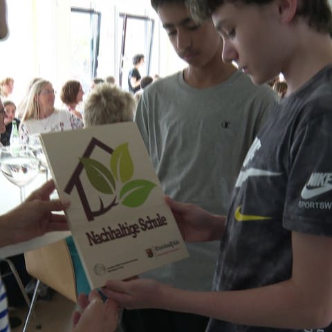 Schüler halten Umweltplakette
