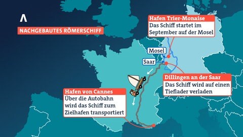 Über die Mosel und Autobahn gelangt das Römerschiff in den Zielhafen im französischen Cannes.