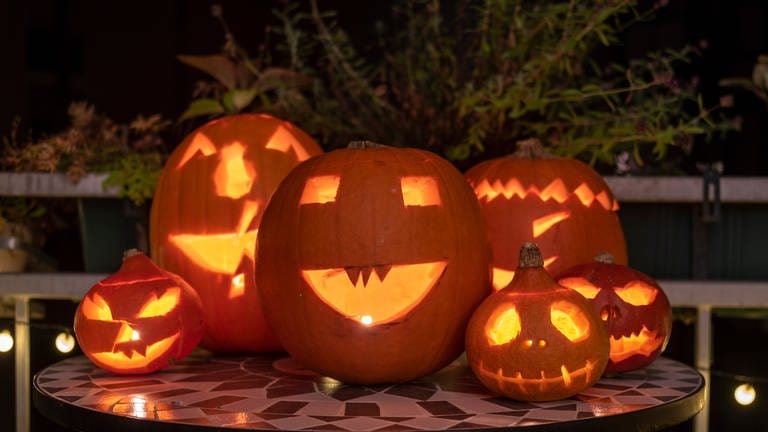 An Halloween stehen geschnitzte Kürbisse auf einem Tisch. (Foto: picture-alliance / Reportdienste, Picture Alliance)
