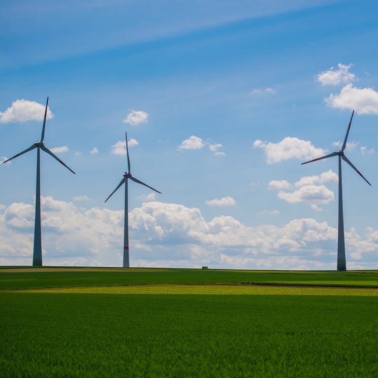 Vier Windkraftanlagen stehen auf einem Feld. Der Ausbau in Rheinland-Pfalz kommt allmählich voran. (Foto: dpa Bildfunk, picture alliance/dpa | Andreas Arnold)