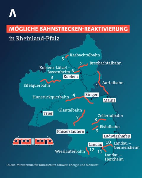 Karte mit zwölf alten Bahnstrecken in Rheinland-Pfalz, die möglicherweise reaktiviert werden.