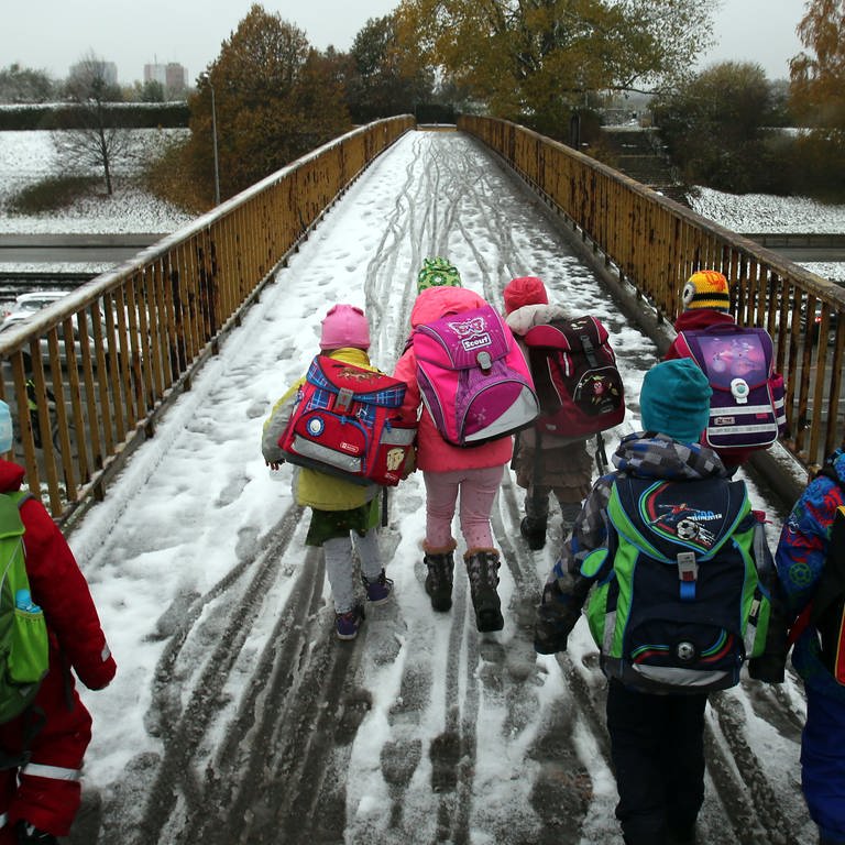 Schulkinder laufen bei Schneewetter über eine Brücke (Foto: picture-alliance / Reportdienste, Picture Alliance)