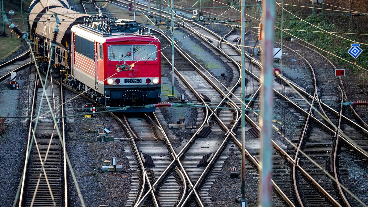 Ein Güterzug fährt über die Gleise eines Rangierbahnhofs. (Foto: dpa Bildfunk, picture alliance/dpa | Sina Schuldt)