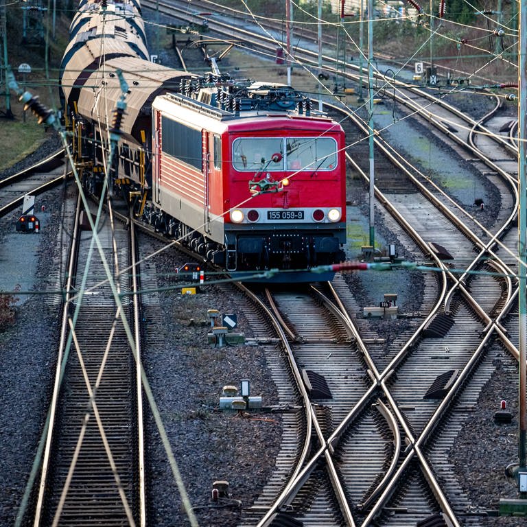 Ein Güterzug fährt über die Gleise eines Rangierbahnhofs.  (Foto: dpa Bildfunk, picture alliance/dpa | Sina Schuldt)