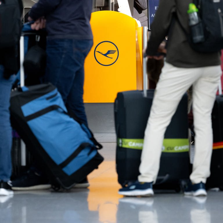 Passagiere warten am Flughafen an einem Check-In-Schalter der Lufthansa.  (Foto: dpa Bildfunk, picture alliance/dpa | Sven Hoppe)
