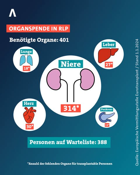 401 Organe werden derzeit (Stand: 1.1.2024) in Rheinland-Pfalz benötigt. Weil Personen auch mehrere Organe brauchen, stehen auf der Warteliste 388 Menschen.