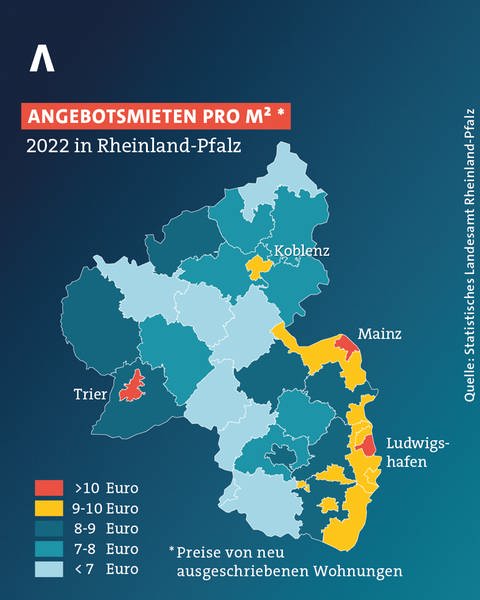 Die Mietpreise pro Quadratmeter in Rheinland-Pfalz.