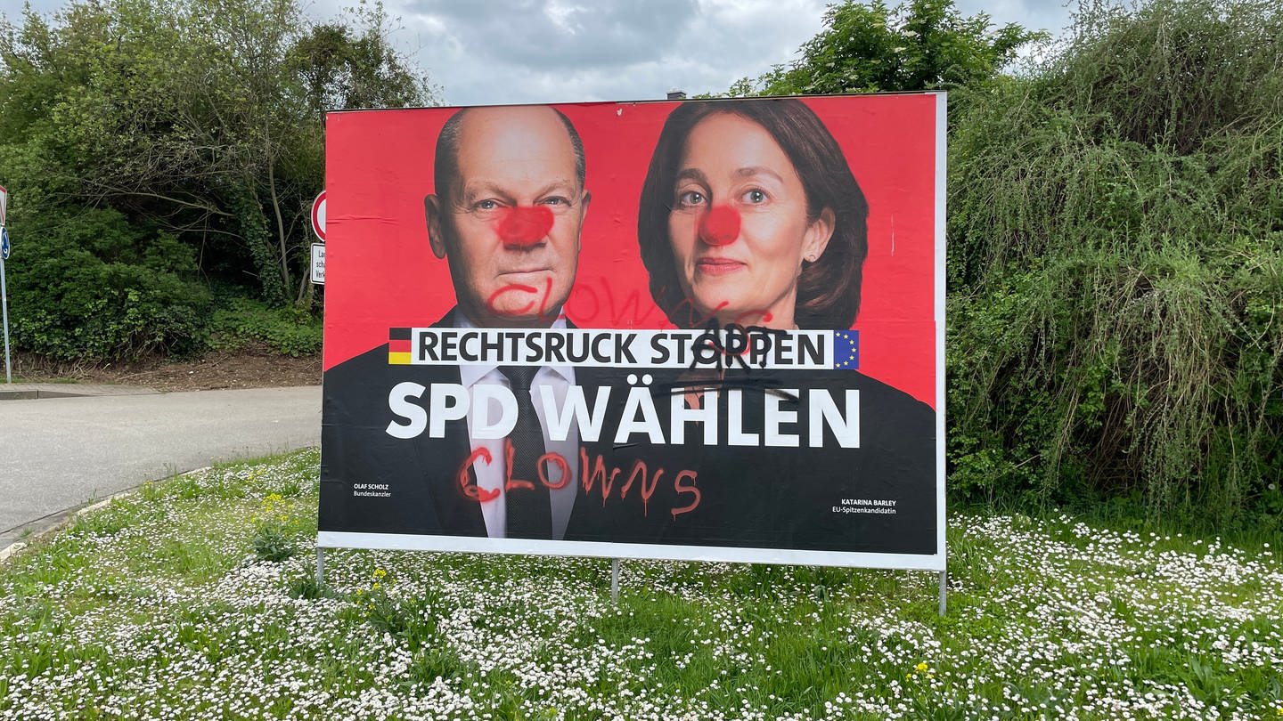 Beschmiertes, zerstörtes Wahlplakat in Mainz Kommunalwahl und Europawahl 2024 (Foto: SWR)