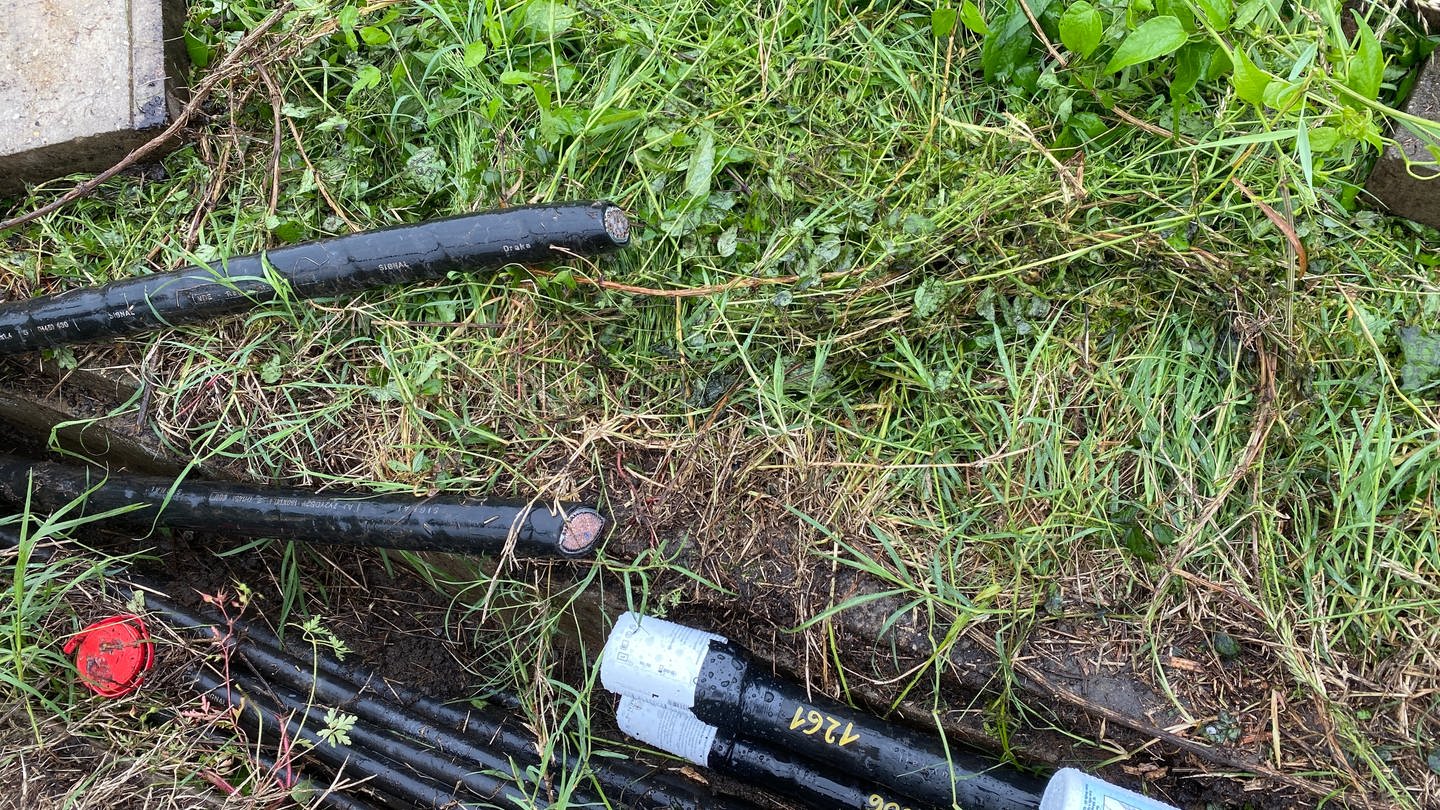 Durchgeschnittene Kabel liegen neben den Gleisen (Foto: SWR)