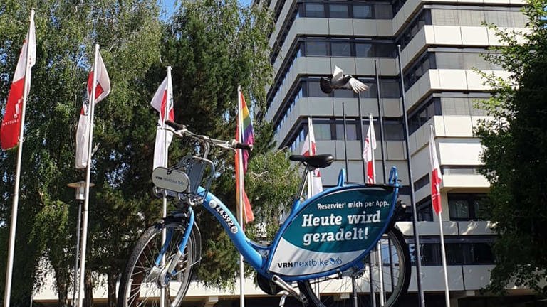 Fallen direkt ins Auge, wenn man durch Kaiserslautern geht: die blau-weißen Leihfahrräder von VRN. (Foto: Stadtwerke Kaiserslautern)