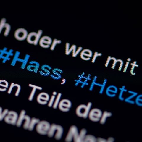 Auf dem Bildschirm eines Smartphones sieht man die Hashtags Hass und Hetze in einem Twitter-Post. (Foto: picture-alliance / Reportdienste, picture alliance/dpa | Fabian Sommer)