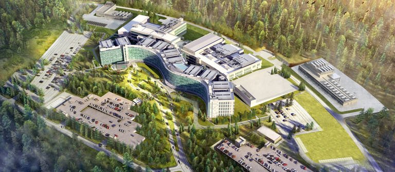 Eine Computeranimation des künftigen US-Hospitals im pfälzischen Weilerbach direkt neben der Air Base Ramstein. (Foto: dpa Bildfunk, picture alliance/dpa/Amt für Bundesbau | HDR)
