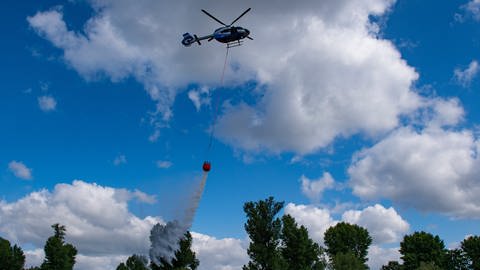 Ein Helikopter entleert einen Löschwasserbehälter über einem Wald. (Foto: picture-alliance / Reportdienste, picture alliance / Kirchner-Media | Christopher Neundorf/Kirchner-Media)