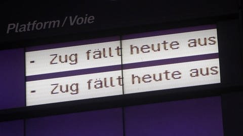 Eine Anzeigetafel an einem Bahnhof zeigt die Laufschrift Zug fällt heute aus (Foto: IMAGO, IMAGO / Ralph Peters)