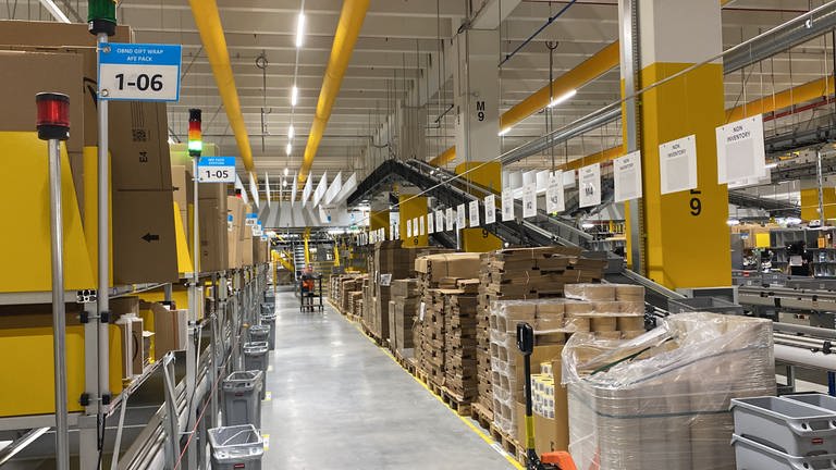 Hat ein bisschen was von "Baumarkt". Regale, aber auch Laufbänder und Rollen, sind im Amazon-Logistzentrum in Kaiserslautern keine Seltenheit. (Foto: SWR)