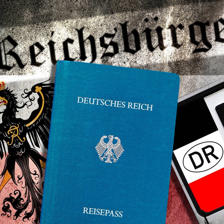 Reichsbürger-Pässe, Reichsadler und Reichsbürger-Nummernschild. (Symbolfoto) (Foto: picture-alliance / Reportdienste, picture alliance | Christian Ohde)