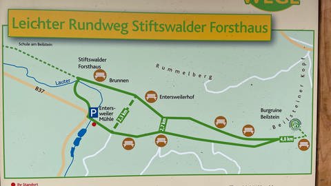 Eine Karte am Waldweg zeigt verschiedene Routen des barrierearmen Wanderweges auf. (Foto: SWR)