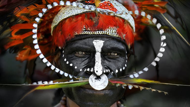 Krieger mit aufwändigem Kopfschmuck und Gesichtsbemalung aus Papua-Neuguinea (Foto: SWR, Fotograf: Norbert Becke)