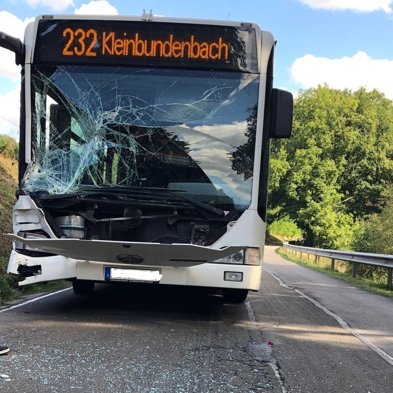Stark beschädigter Schulbus (Foto: Pressestelle, Polizei)