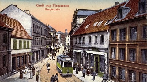 Postkarte zeigt Straßenbahn in Pirmasens