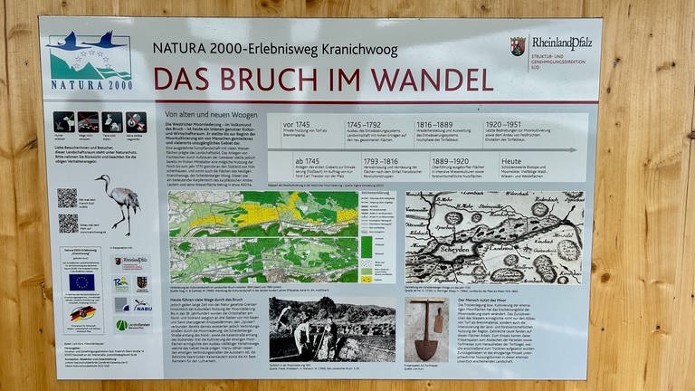 An vielen Tafeln rund um den Erlebnisweg Kranichwoog finden sich historische Rückblicke, Zitate von Zeitzeugen und auch einen Audio-Guide. 