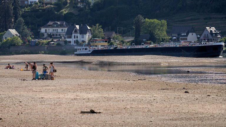 Menschen stehen auf einer der auch als „Sieben Jungfrauen“ bekannten Sandbänke im Rhein. Aufgrund von Trockenheit und Hitze sanken am Rhein die Pegelstände im Sommer 2020 deutlich. (Foto: dpa Bildfunk, picture alliance/dpa | Thomas Frey)