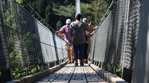 Menschen laufen über die Geierlay-Hängeseilbrücke bei Mörsdorf (Foto: SWR)