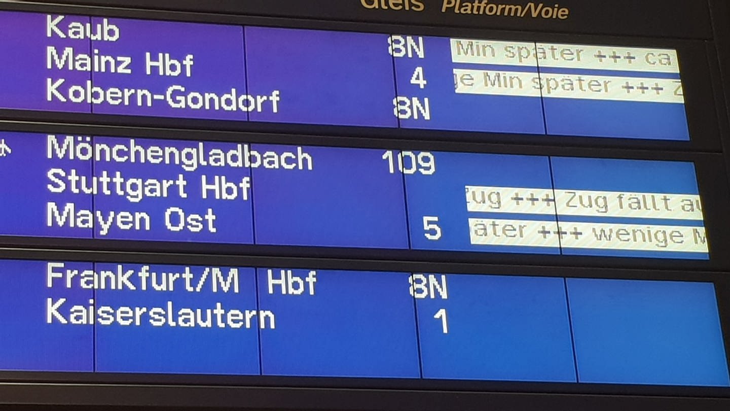 Eine Bahnanzeige mit Verspätungen und einem Zugausfall (Foto: SWR)