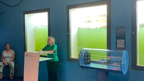 Klimaschutzministerin Katrin Eder stellt ein neues interaktives Lernspiel zu den Gefahren von Plastikmüll im Mosellum in Koblenz vor.  (Foto: SWR)