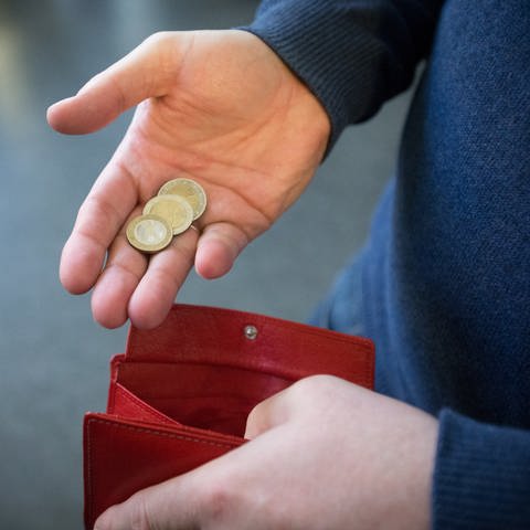 Kleingeld in einer Hand mit einem Portemonnaie (Foto: picture-alliance / Reportdienste, picture alliance/dpa | Friso Gentsch)