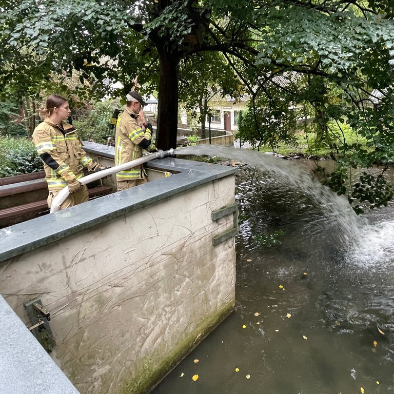 Die Feuerwehr der Verbandsgemeinde Kirchen füllt den Teich der Fischotter im Tierpark Niederfischbach. (Foto: SWR)