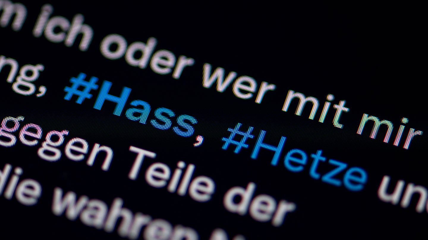 Auf dem Bildschirm eines Smartphones sieht man die Hashtags (#) Hass und Hetze in einem Twitter-Post. (Foto: picture-alliance / Reportdienste, Picture Alliance)